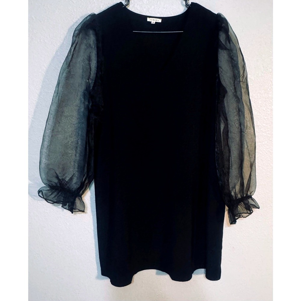 Jodilf Women's Dress Large Black Sheath Semi Formal Sheer Long‎ Sleeve V-Neck